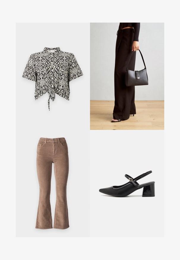 Črno-bela kratka majica s kratkimi rokavi s diamantnim vzorcem in podrobnostmi na sprednjem delu. Narejena iz lahkotnega materiala z ovratnikom.; Rjave kordurojske široke hlače z ribasto teksturo, ki imajo visok pas, pet žepov in sprednje gumbno zapiranje.; Črne patentne usnjene salonarce s slingback obliko, s koničastim nosom, zaobljenim izrezom in blok peto. Imajo zlato kovinsko zaponko kot dodatno okrasje.; Črna torbica z strukturirano obliko, gladko teksturo in kovinskim zaponko. Ujemajo se z širokimi črnimi hlačami in odprtimi sandali na lesenem tleh.