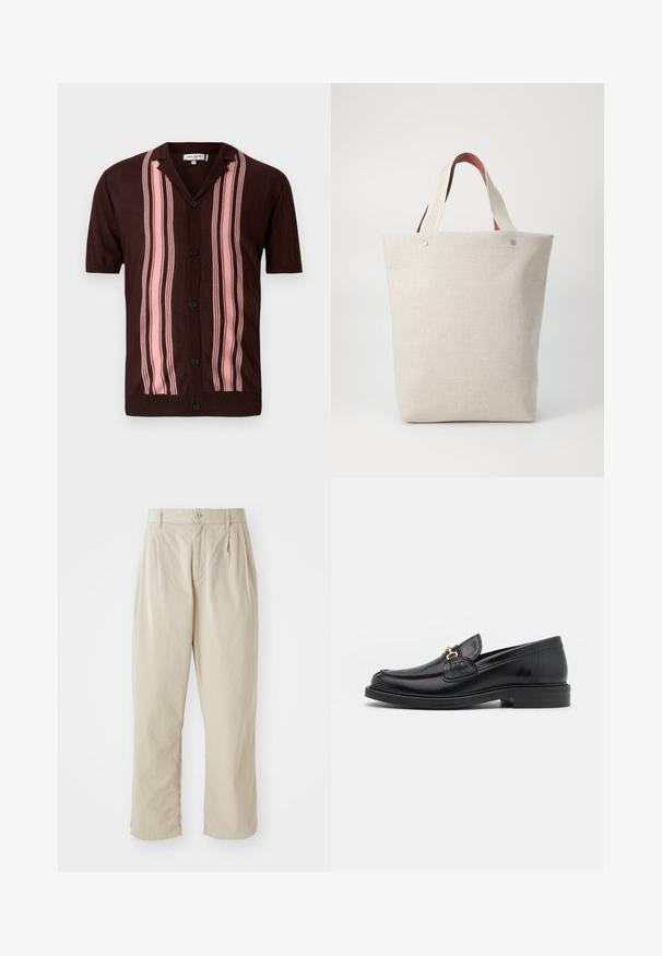 Brun kortärmad skjorta med krage, med vertikala rosa ränder och svarta knappar, tillverkad av ett lätt stickat tyg.; Vit oversized t-shirt i bomull med rund hals, korta ärmar och en etikett sydd i halsringningen. Slät textur, minimalistisk design.; Beige, lätta byxor med avslappnad passform, veck fram, knappstängning och uppvikta fållar. Slät textur, minimalistisk design.; Svarta läderloafers med rund tå, prydda med guldfärgad detalj och sömnadsdetaljer, placerade på en låg, texturerad gummisula.; Tygkasse i ljusbeige med textur, med två kontrasterande bruna läderhandtag och metallaccenter upptill.