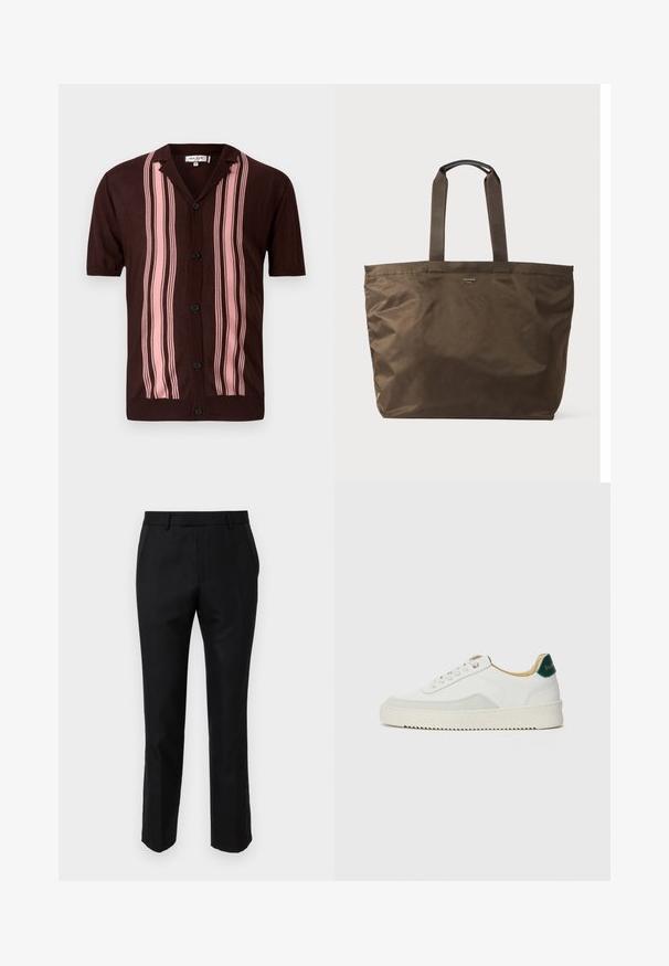 Καφέ κοντομάνικο πουκάμισο με γιακά, με κάθετες ροζ ρίγες και μαύρα κουμπιά, φτιαγμένο από ελαφρύ πλεκτό ύφασμα.; Μαύρο καλά γυμνασμένο παντελόνι με στενή γραμμή, με πλευρικές τσέπες και λείες υφές. Οι άκρες είναι φινιρισμένες με καθαρό στρίφωμα.; Λευκά sneakers με σουέτ λεπτομέρειες, στρογγυλή μύτη, επίπεδα κορδόνια και κρέμα από καουτσούκ σόλα. Διαθέτει πράσινη επωνυμία στη φτέρνα.; Καφέ τσάντα tote από νάιλον με δύο υφασμάτινους χειρολισθήρες και λεία υφή. Διαθέτει ελάχιστη σήμανση στο μπροστινό μέρος.