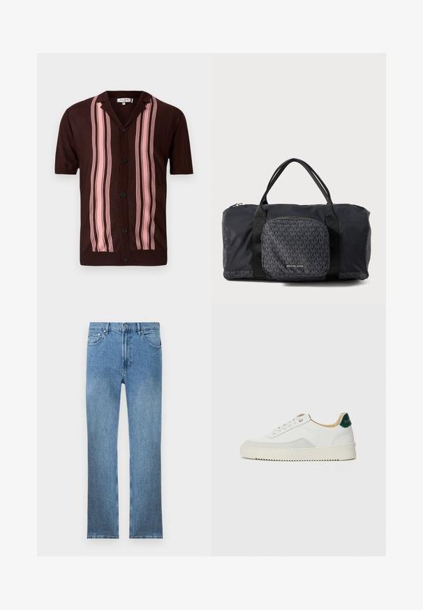 Camisa marrón de manga corta con cuello, que presenta rayas verticales rosas y botones negros, hecha de un tejido de punto ligero.; Vaqueros de mezclilla azul claro con corte recto, cinco bolsillos, cierre con cremallera y costuras en contraste. La tela tiene un acabado liso y texturizado.; Zapatilla blanca con acentos de ante, puntera redondeada, cordones planos y suela de goma color crema. Presenta un logo verde en el talón.; Bolso de viaje negro de Michael Kors con doble asa, bolsillo frontal con cremallera que presenta un patrón repetido del logo MK y la marca Michael Kors.