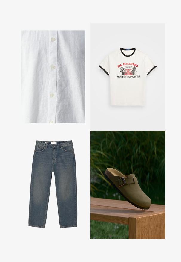Cămașă albă din in cu o suprafață texturată, având o deschidere cu butoni pe față și trei butoni vizibili. Design clasic, fără modele.; Tricou alb din bumbac cu guler și mâneci negre. Prezintă un imprimeu grafic roșu și negru cu o ilustrație a unei mașini de curse și steaguri în carouri.; Jeans din denim albastru, cu o croială lejeră, având un design clasic cu cinci buzunare și o decolorare minimă. Include o închidere cu nasture și prinderi pentru curea.; Clog din suede verde măsliniu, cu cataramă, plutind deasupra unei bănci din lemn, cu iarbă verde și plante în fundal.