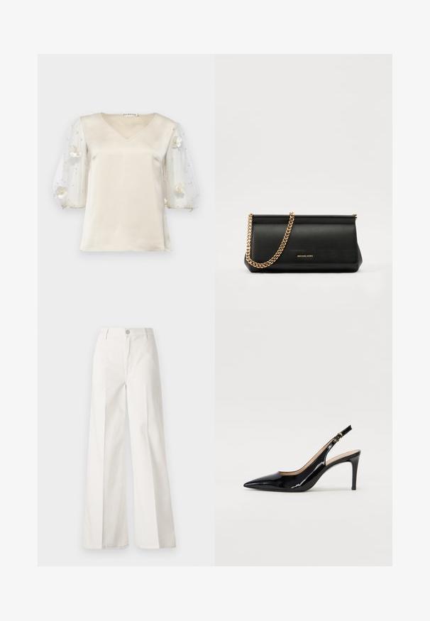 Ida Sjöstedt EXCLUSIVE RHIANNON - Camicetta - ivory; Pantaloni bianchi a gamba larga realizzati in cotone con una texture liscia. Presentano un bottone anteriore, una zip e un design a quattro tasche.; Pumps slingback in pelle verniciata nera con punta affilata, tacco sottile e un design con ritagli delicati. Caratterizzate da una fibbia dorata sul cinturino.; Clutch bag in pelle nera con tracolla in catena dorata, caratterizzato da una superficie liscia, forma rettangolare e branding in rilievo sul davanti.