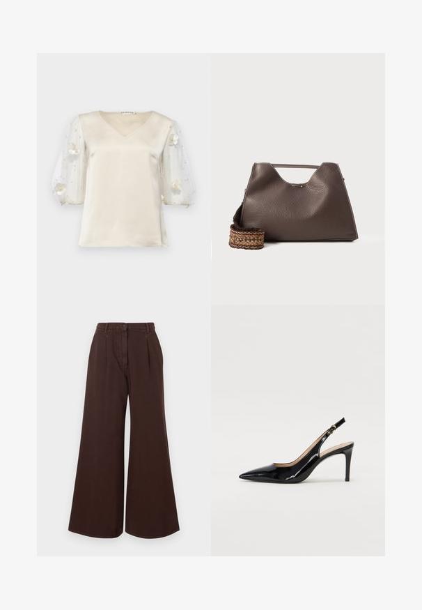 Ida Sjöstedt EXCLUSIVE RHIANNON - Camicetta - ivory; Pantaloni brown a vita alta e gamba larga con chiusura a bottoni e cerniera, passanti per cintura e pieghe frontali.; Pumps slingback in pelle verniciata nera con punta affilata, tacco sottile e un design con ritagli delicati. Caratterizzate da una fibbia dorata sul cinturino.; Borsa a mano in pelle marrone con finitura texturizzata, design angolare e un manico superiore distintivo. Presenta un dettaglio a tracolla intrecciato con motivo.
