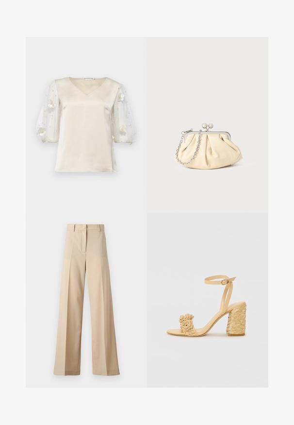 Ida Sjöstedt EXCLUSIVE RHIANNON  - Bluse - ivory; Beige weite Hosen aus glattem Stoff, mit einem flachen Vorderteil mit Falten, einem Reißverschluss und Gürtelschlaufen. Insgesamt eine taillierte Passform.; Beige High-Heel-Sandale mit geflochtener Textur, dekorativer Blume und Knöchelriemen. Der quadratische Absatz sorgt für Stabilität.; Faltige beigefarbene Ledertasche mit einem silbernen Metallrahmen, ausgestattet mit zwei runden dekorativen Verschlüssen und einem silbernen Kettenriemen.