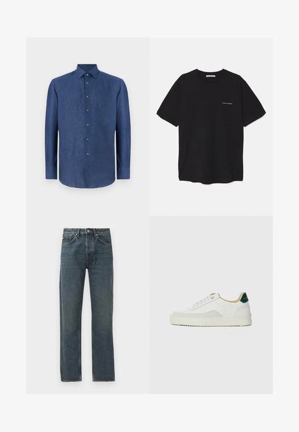 Tamsiai mėlyna, ilgomis rankovėmis palaidinė, pagaminta iš šiek tiek tekstūruoto audinio. Siūlo klasikinę apykaklę ir šešis mygtukus priekyje.; Juoda medvilninė marškinėlė su apykakle, trumpomis rankovėmis ir baltu logotipu kairėje krūtinės pusėje. Paprastas, vientisas spalvų dizainas.; Tamsiai mėlyni džinsai su tiesiomis kojomis, turintys penkis kišenes, mygtuko uždarymą ir kontrastingus siuvimo akcentus.; Baltos sportbačiai su zomšos akcentais, apvaliu nosiu, plokščiais raišteliais ir kreminės spalvos guminiu padu. Ant kulno yra žalia ženklinimo detalė.