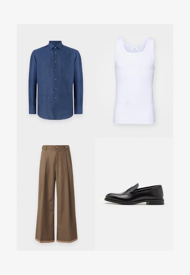 Tummansininen, pitkähihaiseksi paita, joka on valmistettu hieman rakenteellisesta kankaasta. Ominaisuuksiin kuuluu klassinen kaulus ja kuusi nappia edessä.; Valkoinen puuvillainen hihaton toppi, jossa on pyöreä pääntie. Topissa on sileä pinta ja se on muotoiltu istuvaksi, suunniteltu rentoon käyttöön.; Valkoiset housut tummasta ruskeasta kankaasta, joissa on kaksi sivutaskua, kaksi koristeellista etunappia ja kontrastivärinen helma.; Mustat nahkakengät, joissa on sileä pinta, pyöreä kärki ja koristeellinen nauha jalkapöydän yli. Matala pinoitu koroke, minimalistinen muotoilu.