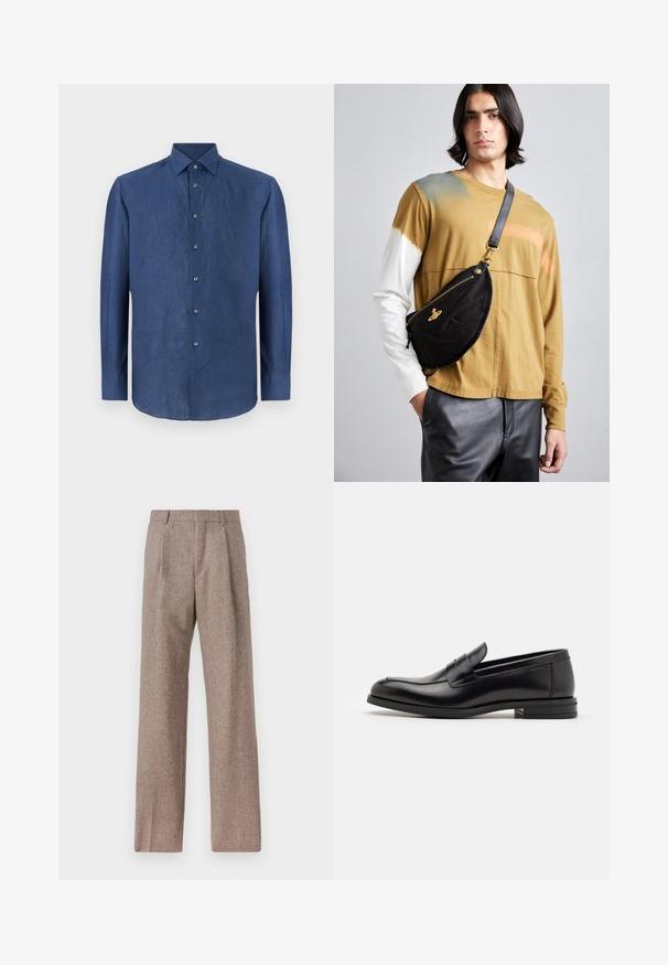 Tamsiai mėlyna, ilgomis rankovėmis palaidinė, pagaminta iš šiek tiek tekstūruoto audinio. Siūlo klasikinę apykaklę ir šešis mygtukus priekyje.; Rudos, aukšto liemens kelnes, pagamintas iš tekstūruotos medžiagos. Plati kojos, dvi priekinės klostės struktūrai. Tvarkingas apdailos darbai, be matomų detalių.; Juodos odinės loafers, turinčios lygų paviršių, apvalią noselę ir dekoratyvinę juostą per priekinę dalį. Žemas krentantis kulnas, minimalistinis dizainas.; Vivienne Westwood CITY BUMBAG UNISEX - Diržinis krepšelis - black