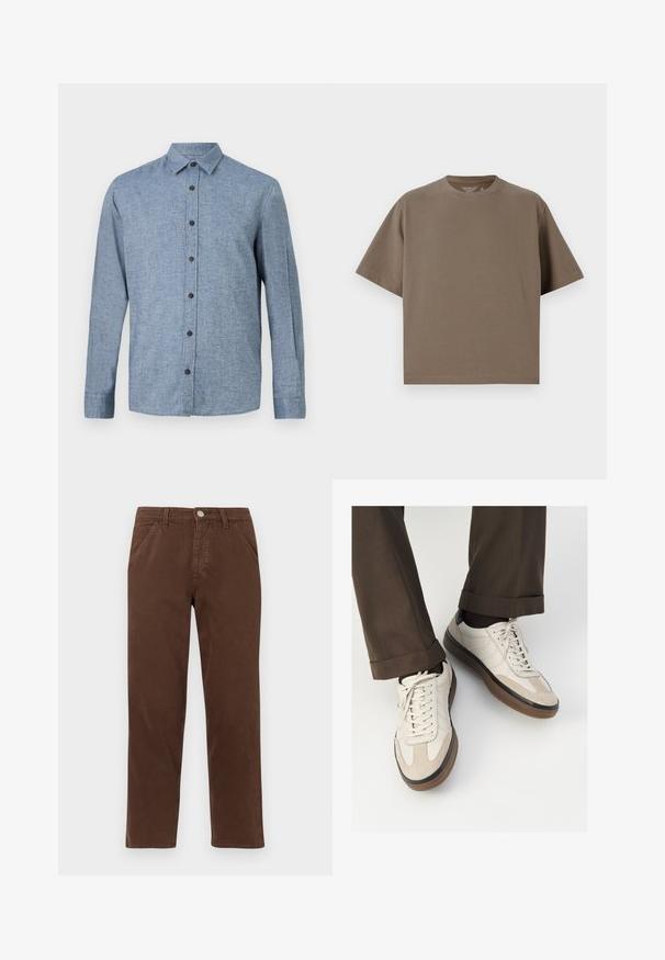 Gara piedurkne pogu krekls gaiši zilā audumā ar teksturētu audumu, ar apkakli un sešām tumši brūnām pogām priekšpusē.; Brūns, īsām piedurknēm T-krekls, izgatavots no mīkstas auduma ar apaļu kakla izgriezumu. Iespējo brīvu piegriezumu un vienkāršu apakšmalas detaļojumu.; Brūni kokvilnas bikses ar taisnu kāju, priekšējām kabatām un metāla pogu aizdari. Iezīmē gludu tekstūru un minimālu dizainu.; Beidzī lasi ar strukturētu zamšādu priekšpusi, gludiem ādas sāniem un brūnu gumijas zoli. Iekļauti auklas un viegla šuvuma detaļas.