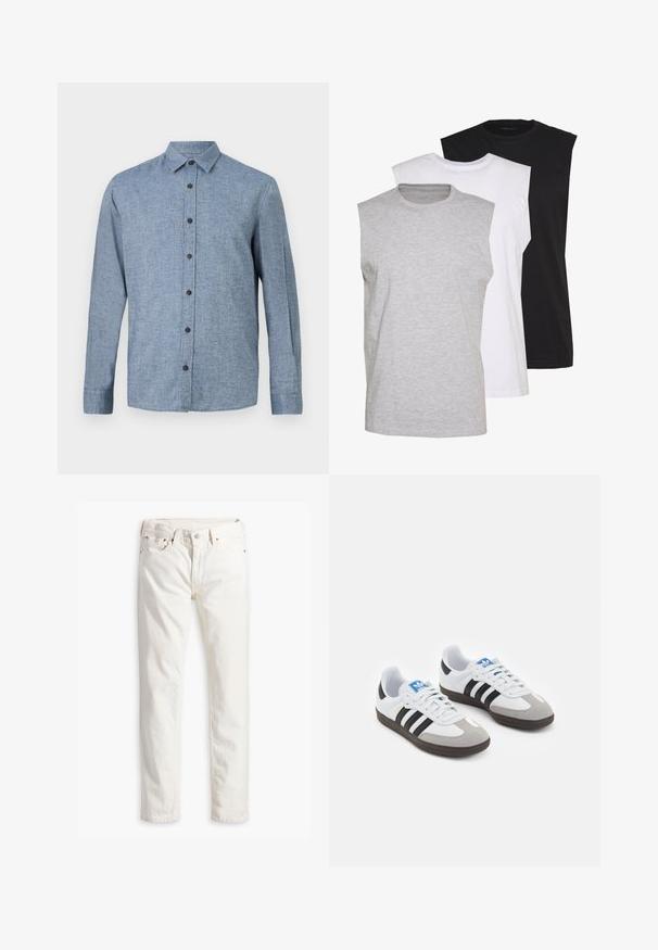 Camicia button-up a manica lunga in tessuto blu chiaro con una trama testurizzata, dotata di colletto e sei bottoni marroni scuro lungo il davanti.; Tre magliette senza maniche in grigio, bianco e nero. Materiale in cotone morbido con scollatura a girocollo e vestibilità rilassata. Design semplice, senza motivi.; Jeans in denim bianco con taglio dritto, cinque tasche, bottone e rivetti in rame, e un tessuto leggermente texture. Nessun motivo visibile.; Scarpe sportive con tomaia in pelle bianca, punta in suede grigia e tre strisce nere. Presentano un logo blu sulla linguetta e una suola in gomma testurizzata.