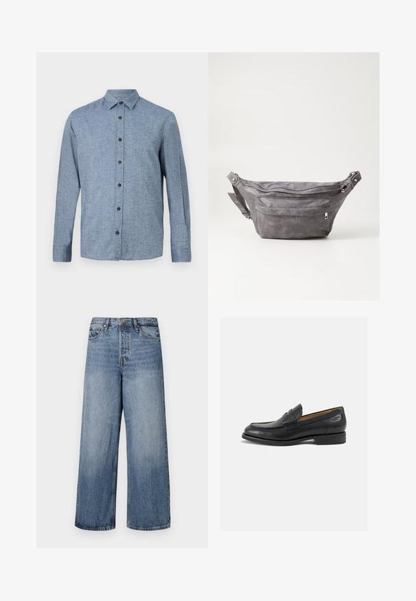 Lange mouwen button-up shirt in lichtblauwe stof met een gestructureerde weving, voorzien van een kraag en zes donkerbruine knopen aan de voorkant.; Wijde blauwe denim jeans met een vervaagde was, vijf zakken en een knoopsluiting. Voorzien van riemlussen en gestikte details.; Zwarte leren loafers met een gladde afwerking, ronde neus en decoratieve stiksels op de wreef. Lage gestapelde hak en een lichte glans.; Grijze suède heuptas met een ronde vorm, twee met rits afgesloten compartimenten en een verstelbare band. Voorzien van metalen accenten.