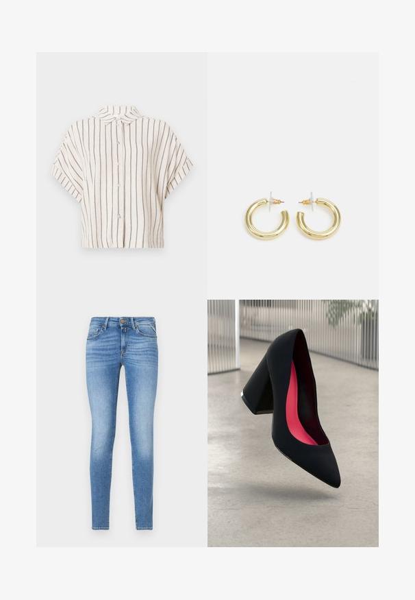 Short-sleeve, collared shirt in cream fabric with vertical navy stripes. Button-down front, cropped design, and relaxed fit.; Slim-fit light blue denim jeans with mid-rise waist, front button, and five-pocket design.; Black high-heeled shoe with a pointed toe and a textured upper. Interior features bright pink lining. Square heel with metallic accent at the base.; Gold hoop earrings with a smooth, shiny finish. Circular design featuring a small post and clear backing for secure wear.