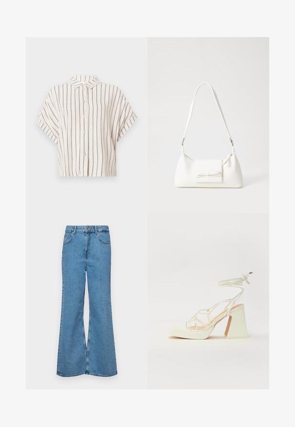 Short-sleeve, collared shirt in cream fabric with vertical navy stripes. Button-down front, cropped design, and relaxed fit.; Light blue flared jeans made of denim, featuring a high waist, five pockets, and a single button closure. Soft texture with faded finish.; White high-heeled sandal with a chunky heel, featuring a strappy design and ankle tie. Smooth texture with a platform front for added height.; White synthetic handbag with a triangular shape, flat front flap and bow detail, adjustable strap, smooth texture, and minimalistic design.