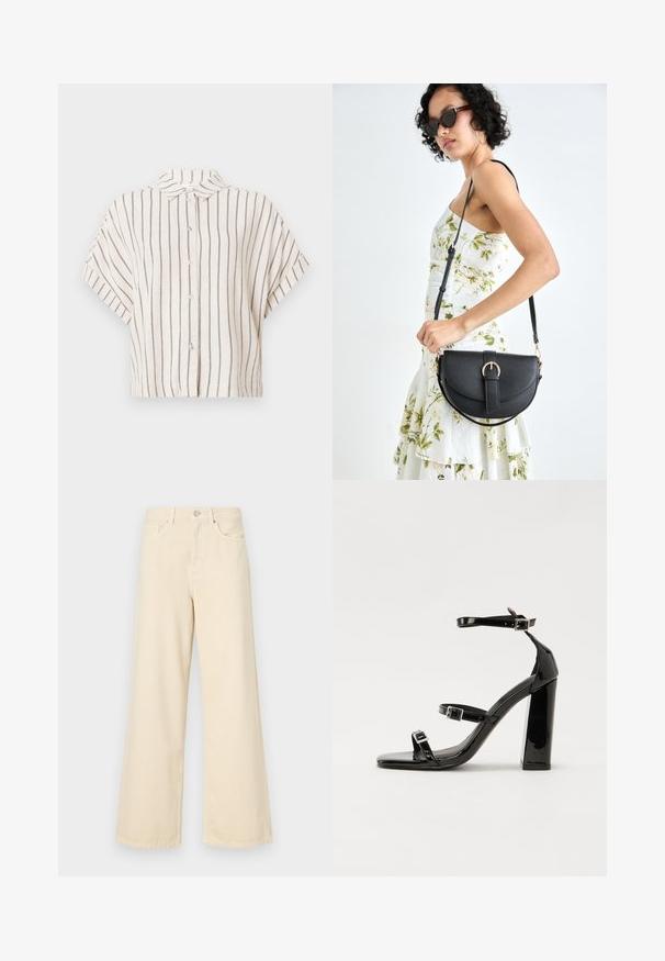 Short-sleeve, collared shirt in cream fabric with vertical navy stripes. Button-down front, cropped design, and relaxed fit.; Beige wide-leg jeans made of cotton. Features a button closure, belt loops, and front pockets with a smooth, soft texture.; Black patent heeled sandals with a square toe, ankle straps, and silver buckles. Features a chunky block heel for stability.; Black leather handbag with a curved shape, detachable strap, and gold hardware. The bag features a flap with a buckle detail.
