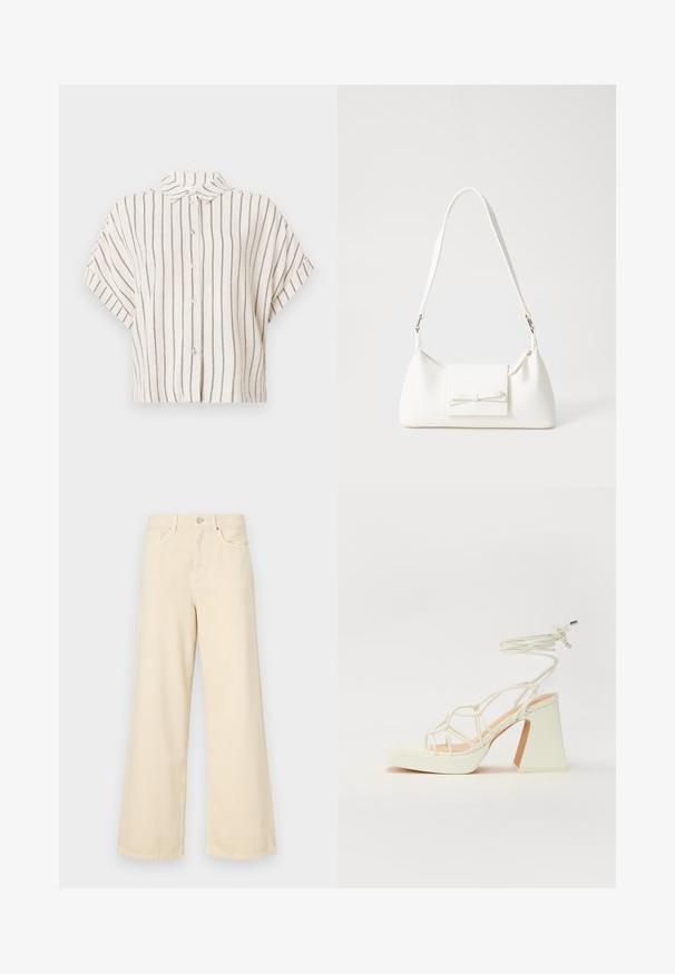 Camisa de manga curta, com gola, em tecido creme com riscas verticais em azul-marinho. Frente com botões, design curto e ajuste descontraído.; Jeans de perna larga bege feitos de algodão. Apresentam um fecho de botão, passadores para cinto e bolsos frontais com uma textura lisa e suave.; Sandálias brancas de salto alto com um salto robusto, apresentando um design com tiras e amarração no tornozelo. Textura suave com uma plataforma na frente para altura adicional.; Mala sintética branca com formato triangular, aba frontal plana e detalhe de laço, alça ajustável, textura suave e design minimalista.