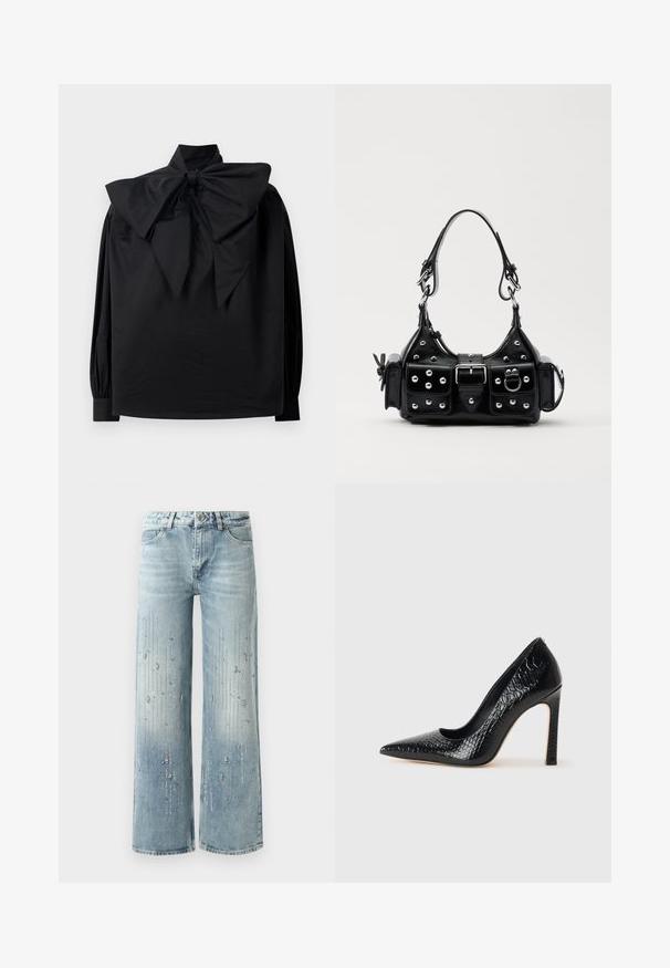 Black long-sleeve blouse with high collar and large, exaggerated bow tied at the neckline, displayed on a plain white background.; Light blue wide-leg jeans made of denim, featuring a gradient color effect and embellishments of silver rhinestones in a vertical pattern.; Black pointed-toe high heel shoe with a crocodile-skin texture, featuring a sleek design, high stiletto heel, and smooth black interior.; Black leather handbag with a curved design, featuring silver studs, a buckle, and two side pockets. Adjustable strap for carrying options.