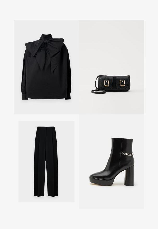 Blusa nera a maniche lunghe con collo alto e un grande fiocco esagerato legato all'neckline, esposta su uno sfondo bianco semplice.; Pantaloni neri a gamba larga con vita alta, dotati di pieghe e una texture liscia. Il tessuto sembra leggero e si drappeggia in modo elegante.; Stivale alla caviglia in vernice nera con una piattaforma chunky e un tallone alto a blocco. Presenta un accento di catena argentata sul lato. Texture liscia.; Borsa a tracolla nera in pelle con due tasche frontali, fibbie dorate, chiusura con zip e una tracolla sottile. Superficie texturizzata e forma rettangolare compatta.