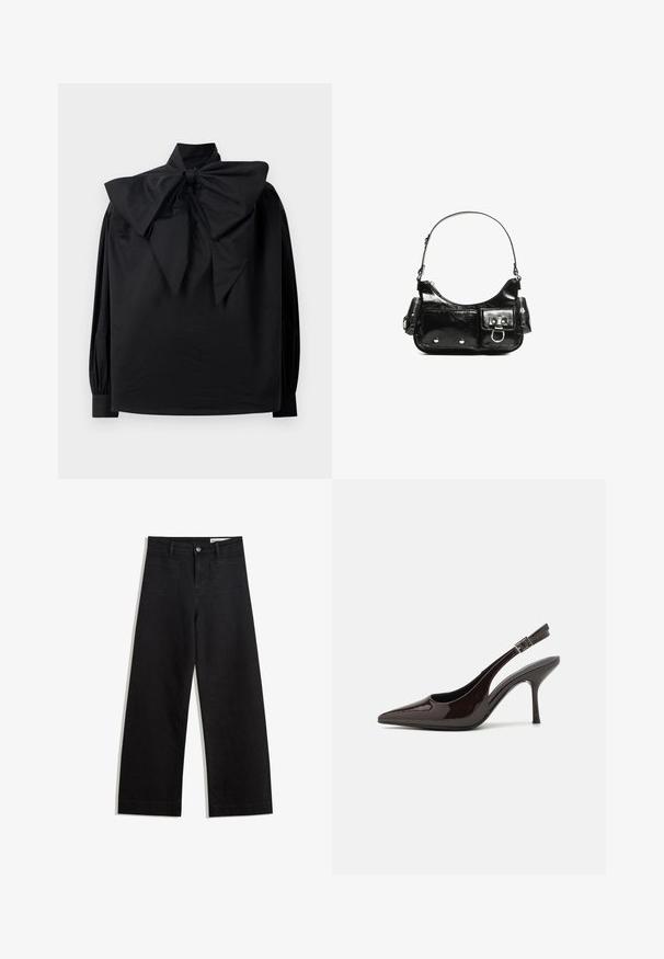 Crna bluzica dugih rukava s visokim ovratnikom i velikom, pretjeranom mašnom vezanom na vratu, prikazana na jednostavnoj bijeloj pozadini.; Crne široke traperice s visokim strukom, s prednjim i stražnjim džepovima, šivenim šavovima i kopčanjem na gumb. Glatka tekstura.; Sandalice na visokom potpetici od sjajnog tamnosmeđeg lakiranog kože, s oštrim vrhom, otvorenim stranama i podesivom naramenicom.; Crna patentna kožna torba s zakrivljenim oblikom, jednim remenom za rame, prednjim džepovima i akcentima od srebrnog tona.