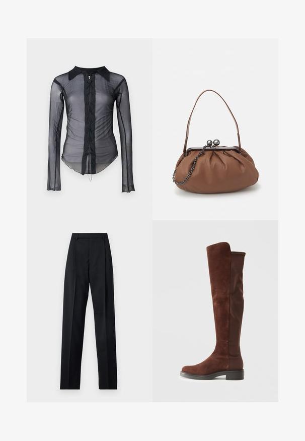 Melnā caurspīdīgā garo piedurkņu krekls ar norādīto apkakli, kuram ir priekšējā mežģīņu saite un savilkta tekstūra gar sāniem.; Melnas bikses, izgatavotas no gludas auduma, ar augstu vidukli, platiem bikšu galdniekiem, priekšējiem krokām un klasiskām jostu cilpām. Sānu kabatas nav redzamas.; Augstas brūnas zamšā un audumā izgatavotas zābakus ar zemu melnu papēdi un noapaļotu purngalu, attēlotas sānos uz vienkrāsu baltā fona.; Brūns ādas rokassomu ar salocītu dizainu, īsu ādas rokturi un ķēdes siksnu. Tam ir sudraba metāla sprādze ar diviem apaļiem akcentiem.