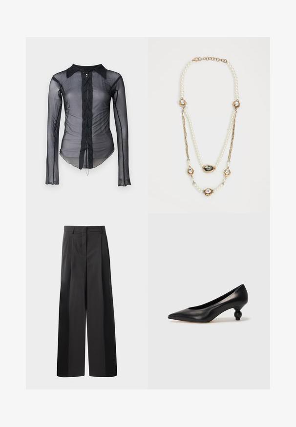 Fekete áttetsző, hosszú ujjú ing, hegyes gallérral, elöl csipke kötővel és ráncos textúrával az oldalon.; Fekete, bő szárú nadrág magas derékkal, elöl plissékkel, sima felülettel és igényes kidolgozással. Kényelmes viseletre tervezve.; Fekete bőr magassarkú cipő, hegyes orral és kerek, gömbölyű sarokkal. Simább textúrával, elegáns, minimalista dizájnnal.; Gyöngy nyaklánc arany kiegészítőkkel, három drágakövekkel díszített foglalattal és fonott láncrésszel. A színpaletta fehér és arany.