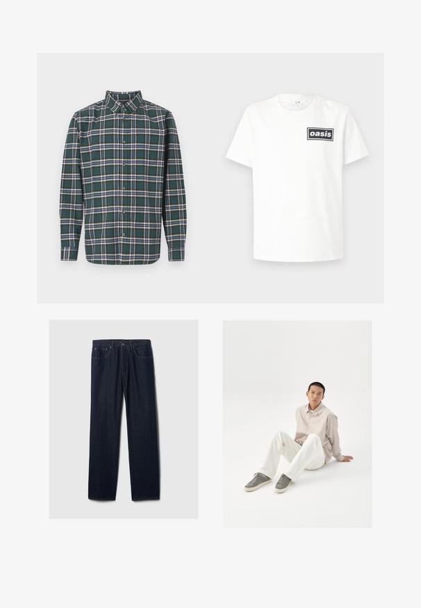 Camisa de flanela verde com um padrão de xadrez apresentando linhas azuis, brancas e mostarda. Frente com botões e colarinho pontudo. Mangas compridas.; T-shirt branca de algodão com um logo retangular preto com a palavra "oasis" centralizada. Mangas curtas e um design clássico de gola redonda.; Calças de ganga de perna reta em azul-escuro com design de cinco bolsos, fecho de botão e costura visível sobre um fundo claro e liso.; Camisa beige de botão, calças brancas e sapatilhas cinzas. A camisa tem um corte solto e as sapatilhas apresentam uma superfície texturizada e um design com atacadores.