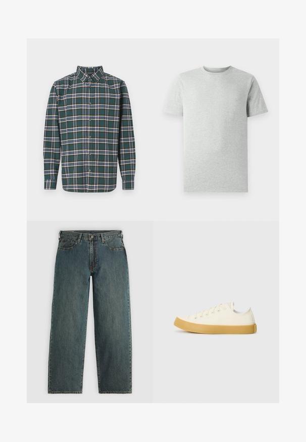 Zeleni flanelast srajc s karirastim vzorcem, ki vsebuje modre, bele in gorčične rumene črte. Z gumbi zapnjen sprednji del in usmerjen ovratnik. Dolgi rokavi.; Enostavna svetlosiva kratka majica s kratkimi rokavi in krožnim ovratnikom, prikazana na belem ozadju, sprednji pogled brez vidnih logotipov ali vzorcev.; Temno modri kavbojki ravnega kroja z gumbom in zadrgo, sprednjimi žepi in pasnimi zankami na svetle sivi podlagi.; Platnene superge v off-white barvi z okroglim nosom, z bež gumijastimi podplati in petimi odprtinami za vezalke, z zrnato površino na zgornjem delu.