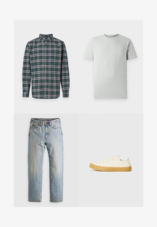 Vihreä flanellisydän, jossa on ruutukuvio, jossa on siniset, valkoiset ja sinapinkeltaiset viivat. Napitettu etuosa ja terävä kaulus. Pitkät hihat.; Yksinkertainen vaalea harmaa lyhythihainen t-paita, jossa pyöreä kaula-aukko, esitetty valkoista taustaa vasten, edestä katsottuna ilman näkyviä logoja tai kuvioita.; Vaaleansininen farkut, joissa on korkea vyötärö, etunappi, vetoketju ja viisi taskua, asetettu tasaisesti neutraalille taustalle.; Kankava sneakers vaaleassa valkoisessa, pyöreällä varvalla, jossa on beiget kumipohjat ja viisi reikää nauhoille, teksturoitu pinta ylemmässä osassa.