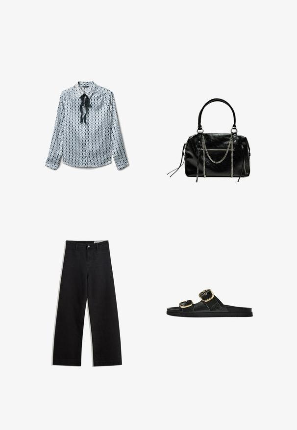 Patterned button-up shirt in light blue with black oval designs, featuring a collar and a tied black satin ribbon at the neckline.; Black wide-leg denim pants with a high waist, featuring front and back pockets, stitched seams, and a button closure. Smooth texture.; Black slide sandal with two gold buckle accents, smooth textured material, flat sole, and a minimalist design.; Bershka WITH CHAIN - Handbag - black