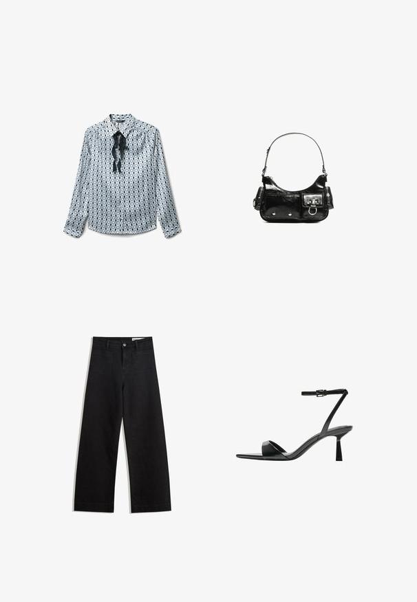 Patterned button-up shirt in light blue with black oval designs, featuring a collar and a tied black satin ribbon at the neckline.; Black wide-leg denim pants with a high waist, featuring front and back pockets, stitched seams, and a button closure. Smooth texture.; Bershka High heeled sandals - black; Black patent leather handbag with a curved shape, one shoulder strap, front pockets, and silver-tone hardware accents.