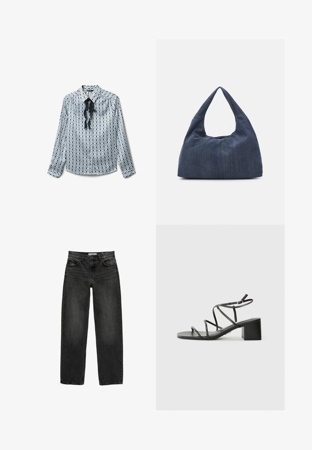 Camicia a maniche lunghe con motivo di ovali neri su sfondo azzurro, dotata di colletto e nastro in raso nero annodato sul colletto.; Jeans in denim nero con una vestibilità rilassata, gamba dritta, design a cinque tasche e una texture leggermente sbiadita. Chiusura con bottone e zip nella parte anteriore.; Sandali neri con cinturini, punta quadrata e tacco spesso, realizzati in materiale morbido. Presentano cinturini regolabili alla caviglia e hardware minimal.; Borsa in denim blu scuro con una forma morbida e flessibile, caratterizzata da un manico in stile hobo e una superficie testurizzata. Senza accenti hardware visibili.
