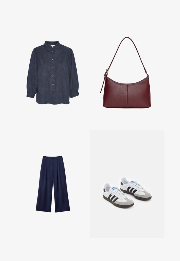 Dunkelblaustes Hemd mit Knopfleiste, Kragen und langen Puffärmeln. Aus einem strukturierten Stoff gefertigt, mit goldfarbigen Knöpfen auf der Vorderseite.; Marineblaue weite Hosen mit Falten, Knopfverschluss und Gürtelschlaufen, flach auf einem weißen Hintergrund präsentiert.; Sportschuhe mit einem Obermaterial aus weißem Leder, grauer Wildleder-Zehenkappe und drei schwarzen Streifen. Sie verfügen über ein blaues Logo auf der Zunge und eine strukturierte Gummisohle.; Bordeauxfarbene Ledertasche mit geschwungener Form, einem einzigen Schulterriemen und gesteppten Details in der Mitte. Glatte Textur, minimales Zubehör.