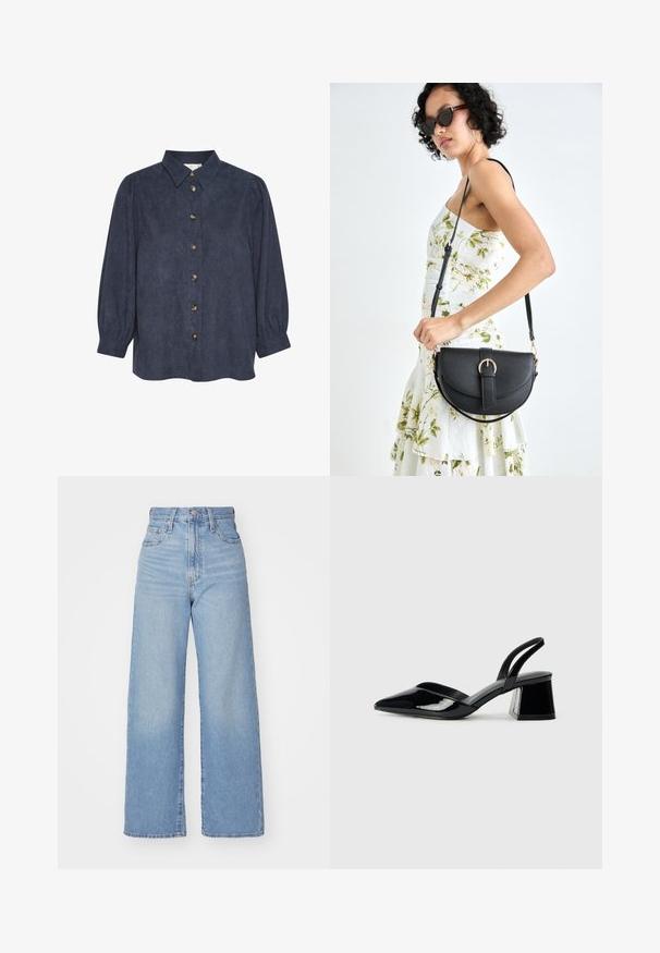 Camicetta button-up blu scuro con colletto e maniche lunghe a sbuffo. Realizzata in un tessuto testurizzato, presenta bottoni color oro lungo il davanti.; Jeans a vita alta blu chiaro con gamba larga, chiusura frontale con bottone e zip, tasche anteriori e posteriori, su uno sfondo bianco.; Décolleté in vernice nera con punta affusolata e tacco in geometria cubica. Presentano un design elegante e minimalista, con una texture liscia.; Borsa a tracolla nera in pelle con una forma curva, manico rimovibile e accessori dorati. La borsa presenta una patta con un dettaglio a fibbia.