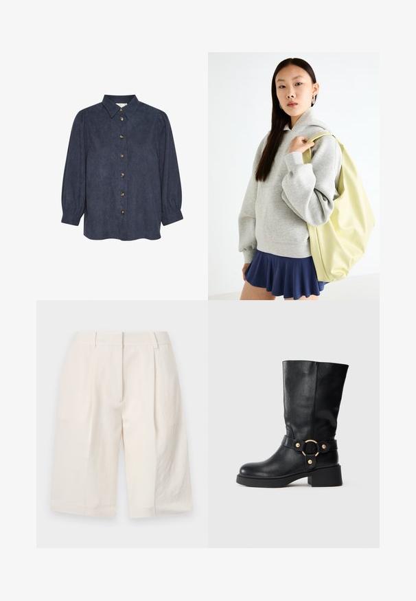 Tummansininen napitettava paita, jossa on kaulus ja pitkät puffihihat. Valmistettu teksturoidusta kankaasta, edessä kultasävyiset napit.; Valkoiset pellavashortsit, joissa on räätälöity muotoilu, pleatattu etuosa ja leveät lahkeensuukkeet. Silkkinen pinta ja polvitaipeeseen ulottuva pituus.; Mustat nahkasaappaat, joissa on paksu korko ja koristeellinen hihna, jossa on kultainen pyöreä solki, valkoista taustaa vasten.; Harmaa ylipitkä huppari, jossa on kengurutasku, yhdistettynä tummansiniseen levenevään hameeseen. Asusteena: suuri vaaleankeltainen reppu, tasainen pinta.