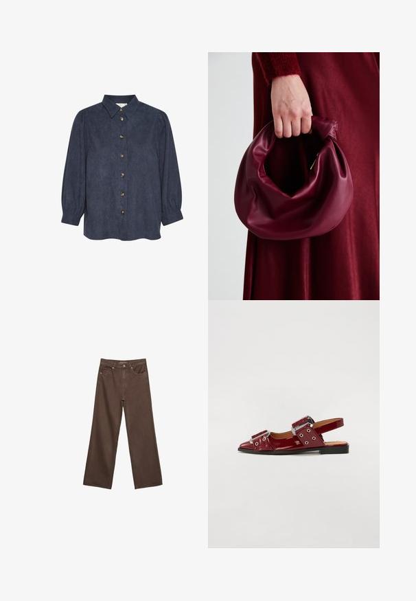 Dunkelblaustes Hemd mit Knopfleiste, Kragen und langen Puffärmeln. Aus einem strukturierten Stoff gefertigt, mit goldfarbigen Knöpfen auf der Vorderseite.; Weite braune Jeans aus Denim, mit hoher Taille, Fronttaschen und klassischem Knopfverschluss. Glatte Textur mit feinen Nähten.; Burgunderfarbene Lackleder-Slingbacks mit spitzer Zehe, ausgestattet mit zwei verstellbaren Riemen mit Schnallen und silberfarbenen Akzenten.; Burgunderleder-Handtasche mit einem weichen, gerafften Design und einer gerundeten Form. Der Griff ist gesichert und zeigt eine glatte Textur.