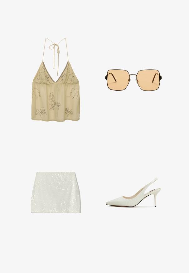 Top in chiffon beige con scollo a V profondo, lacci regolabili sul retro e decorazioni in perline d'argento a motivo floreale. Leggero e trasparente.; Bershka Gonna a campana - white; Dei tacchi slingback a punta in materiale bianco lucido a stampa coccodrillo. Caratterizzati da un tacco sottile e una finitura testurizzata.; Occhiali da sole quadrati con lenti marroni e una sottile montatura in metallo nero. Presentano tempie angolari e naselli regolabili per il massimo comfort.