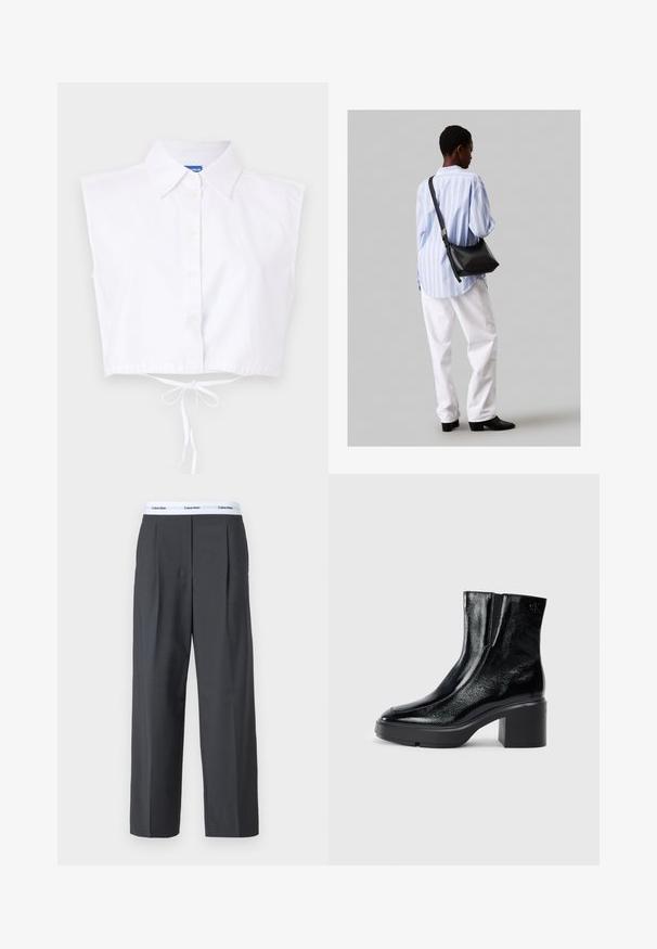 Balta, trumpa be rankovių marškinėlė su apykakle, sagų uždarymu ir juostele ties juosmens; priekyje yra subtiliai siuvinėta logotipas.; Pilki plačiakojai kelnių iš lygios medžiagos, su priekinėmis klostėmis ir balta juosta su Calvin Klein logotipu.; Juodi lakiniai auliniai batai iki kulkšnies, su išlenktu pirštu, elastinėmis šoninėmis panelėmis ir masyviu blokuotu kulnu. Apdailoje užpakalinėje dalyje įspaustas logotipas.; Juodas odinis petinis krepšys su minkšta tekstūra, trikampiu pavidalu ir reguliuojama juosta, derinamas su šviesiai mėlynu dryžuotu marškinėliu ir baltais džinsais.
