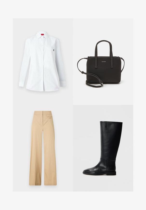 Witte lange mouwen shirt met blauwe verticale strepen, een puntige kraag, een voorzak en een klein geborduurd logo op de borst.; Beige wijde broek gemaakt van een katoenmix. Kenmerkt zich door een gladde textuur, een elastische tailleband en een zijknopdetail.; Zwarte leren kniehoge laars met een ronde neus, een gladde textuur, een minimalistisch ontwerp en een platte zool. Eenvoudige stikdetails op de schacht.; Zwarte handtas met dubbele korte handvatten en een afneembare schouderriem. Glad, leerachtig materiaal met een ritssluiting en logo-detail.