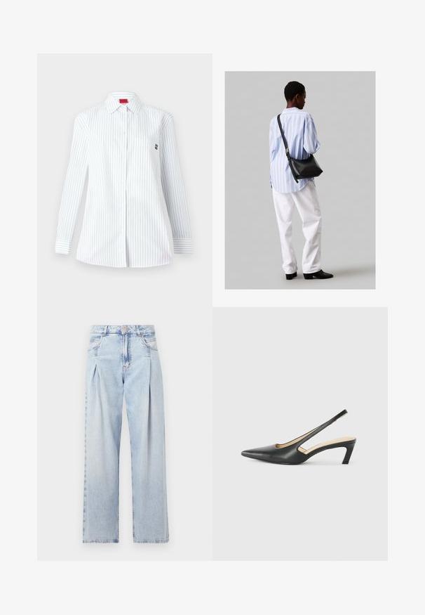 White long-sleeve shirt with blue vertical stripes, a pointed collar, front pocket, and a small embroidered logo on the chest.; Light blue denim jeans with a high waist, wide-leg cut, two side pockets, and pleated design feature. Soft texture with a faded finish.; Black pointy-toed slingback shoe with a low heel, featuring smooth leather material and cut-out design on the side for breathability.; Black leather shoulder bag with a soft texture, triangular shape, and adjustable strap, paired with a light blue striped shirt and white pants.