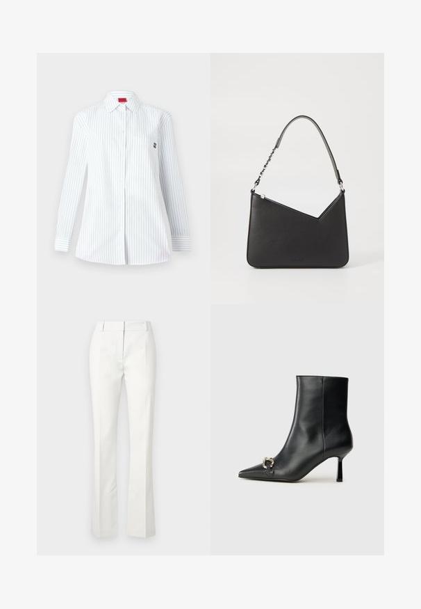 Fehér, hosszú ujjú ing kék függőleges csíkokkal, hegyes gallérral, elülső zsebbel és egy kis hímzett logóval a mellrészen.; Fehér, testreszabott nadrág, harang alakú aljjal, elülső redőkkel és sima textúrával, könnyű anyagból készült.; Fekete bőr bokacsizma hegyes orral, vékony közép magasságú sarokkal és ezüst csattal az oldalon, sima háttér előtt.; Fekete bőr kézitáska háromszögletű formával, vékony pánttal és ezüst színű fém kiegészítőkkel. Cipzáras záródással és dombornyomott logóval rendelkezik elöl.