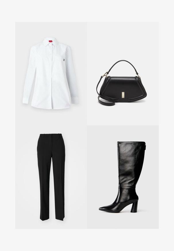 White long-sleeve shirt with blue vertical stripes, a pointed collar, front pocket, and a small embroidered logo on the chest.; Black tailored trousers with a straight-leg design, featuring a smooth texture and crisp creases along the front. No visible hardware.; Knee-high black leather boot with a pointed toe, smooth texture, and a chunky heel. Features a zipper detail at the back.; Black leather handbag with a structured design, featuring a cropped shape, top handle, and gold hardware accent. Adjustable shoulder strap included.