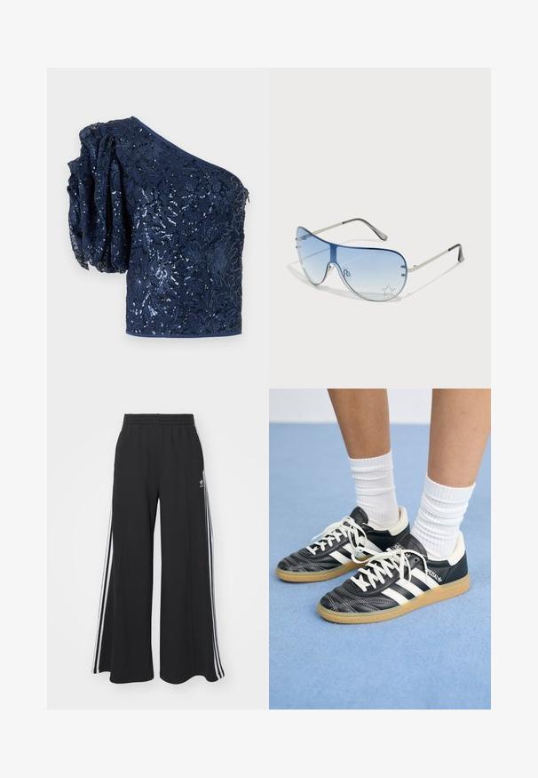 Mere ühe õla top, mis on kaunistatud sädeleva lilleline tikand, tekstuurse puffvarrukaga ja siledaga vöökoht. Elegantne ja liibuv disain.; Mustad laiad trenni püksid elastse vöökohtaga, millel on valged küljeribad ja tikitud logo vasakul reiel.; Mustad nahast tennisetossud valgete triipudega, ümar nina, valged paelad ja kummist tallad. Esiletõstetud pehmendatud krae ja brändingu detailid.; Aviatori prillid, millel on gradient sinine objektiiv, hõbedane metallraam ja dekoratiivsed staaraktsendid objektiivil. Sujuv ja stiilne disain.