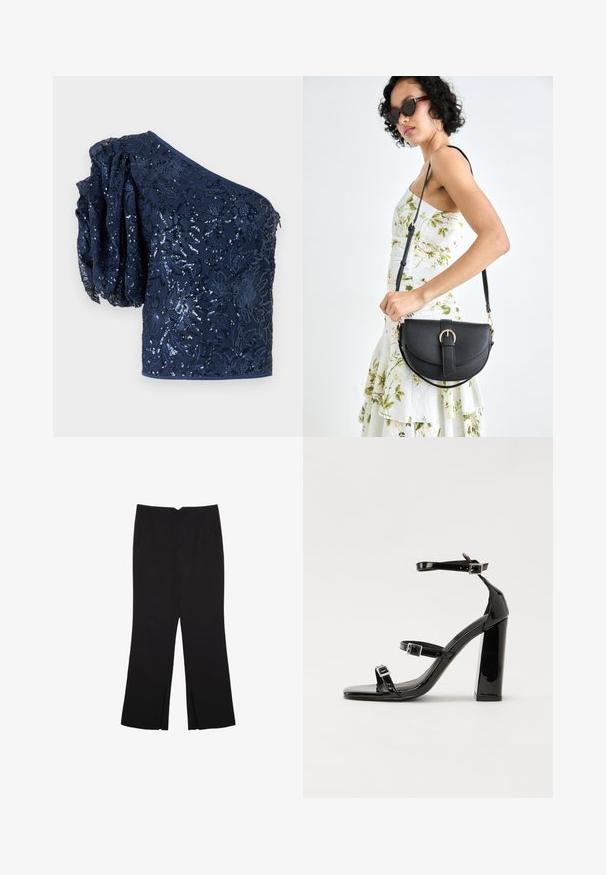 Námornícke top s jedným ramenom, zdobený flitrovou vyšívanou kvetinou, textúrovaným pufovaným rukávom a hladkým pásom. Elegantný a priliehavý dizajn.; Čierne nohavice so strihom rovného strihu, s prednými vreckami a bočnými rozparkami na leme. Vyrobené z mäkkej, hladkej tkaniny. Vhodné na rôzne príležitosti.; Čierne lakované sandále na podpätku so štvorcovou špičkou, navlečenými remienkami okolo členku a striebornými prackami. Disponujú masívnym blokovým podpätkom pre stabilitu.; Čierna kožená kabelka s zaobleným tvarom, odnímateľným popruhom a zlatými doplnkami. Kabelka má klopu s detailom s prackou.