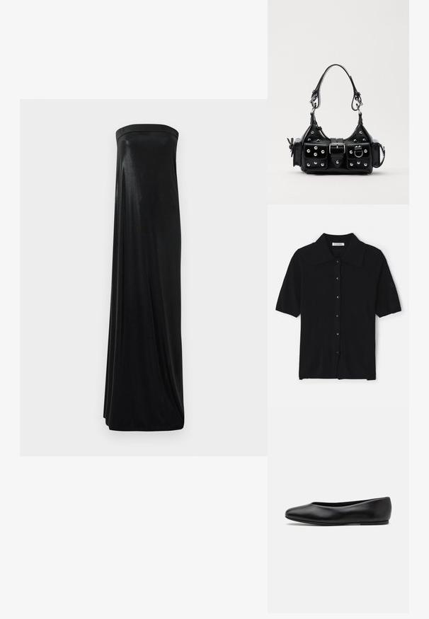 Black short-sleeve cardigan made of soft fabric, featuring a pointed collar, button closure, and subtle branding on the sleeve.; Black strapless maxi dress made of smooth, shiny fabric. Features a fitted bodice and flowing silhouette, reaching the floor without embellishments.; Paul Smith TOPANGA - Ballet pumps - black; Black leather handbag with a curved design, featuring silver studs, a buckle, and two side pockets. Adjustable strap for carrying options.