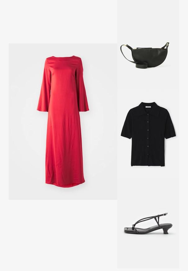 Crni kratke rukave kardigan od mekog materijala, s oštrim ovratnikom, zatvaranjem na dugmad i diskretnim brendiranjem na rukavu.; Duga crvena haljina od lagane tkanine, s brokat izrezom i širokim zvonastim rukavima. Glatka tekstura s ravnim siluetom.; Crne kožne sandale s tankim trakama, niskim blok-petama i kvadratnim nožnim prstima. Imaju kopčanje s kopčom i glatku teksturu.; Crna kožna torbica preko tijela u obliku polumjeseca, teksturirana površina, zlatni zatvarač i ravni remen. Kompaktni dizajn prikladan za osnovne stvari.