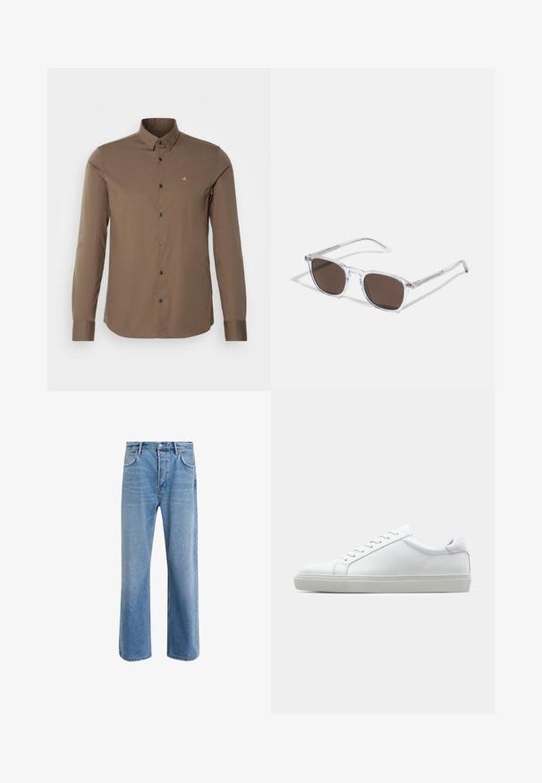 Barna gombos ing, gallérral, hosszú ujjú és testhez simuló fazonú. Fekete gombokkal és egy kis "ck" logóval a mellkasán.; Világoskék farmernadrág, egyenes szárú fazonnal, öt zsebbel, gombos záródással, minimális kopással és kontrasztos varrással.; Fehér sportcipő sima bőr felső résszel és alacsony profilsal. Kerek orr, hat fűzőlyuk és barázdált gumitalp jellemzi.; Átlátszó műanyag napszemüveg téglalap alakú barna lencsékkel, vékony, átlátszó karokkal és fém díszítésekkel a halántéknál.