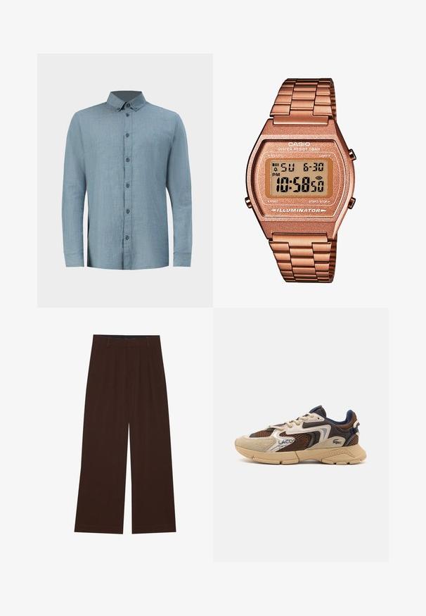 Svijetloplava karirana košulja od pamuka s ovratnikom na dugme, jednim džepom na prsima i dugim rukavima s dugmadi na manžetama.; YOURTURN UNISEX 3 PACK BASIC OVERSIZED T-SHIRT - Navadna majica - dark brown/off-white/dark grey; Rjave široke hlače s plisami. Narejene iz gladkega materiala, s prilagojenim pasom in stranskimi žepi. Ravna obroba na dnu.; Bež in rjav športni copat z teksturiranimi mrežastimi paneli, nubukastimi detajli in gumijastim podplatom. Obsegajo zasnovo na vezalke in blagovno znamko.; Digitalna Casio ura z rožnato zlato kovinsko zanko, pravokotno ohišje, osvetljen prikaz, vodoodpornost, ki prikazuje čas in datum.