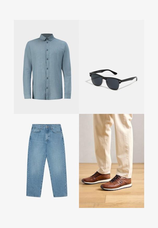 Lichtblauw geruit overhemd van katoen met een button-down kraag, een enkele borstzak en lange mouwen met knoopmanchetten.; Lichtblauwe denim wijde jeans met een hoge taille, voorzien van vijf zakken, riemlusjes en een zachte, licht vervaagde textuur.; Persoon in een beige broek en bruin leren sneakers met zwarte veters staat op een houten vloer.; Zwarte zonnebril met een rechthoekige vorm, donkere lenzen, zilveren accenten bij de slapen en een matte afwerking op het montuur.