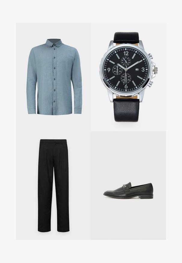 Világoskék kockás ing pamutból, gombos gallérral, egy mellzsebbel és hosszú, gombos mandzsettával.; Fekete nadrág sima anyagból, egyenes szárú fazonnal, két elülső redővel és közönséges derékkal, övhurkokkal.; Fekete bőr loaferek sima felülettel, varrott mintával és díszítő fém lánccal a cipő elején. Lapos sarok.; Fekete bőrszíjas óra ezüst rozsdamentes acél tokban. A fekete számlapon fehér órjelek, ezüst mutatók és három kisebb számlap található.