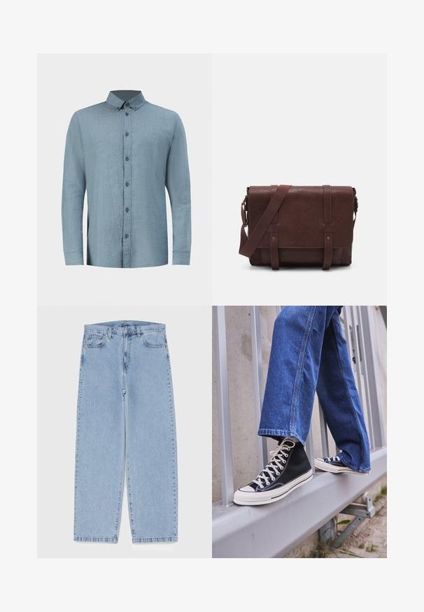 Svijetloplava karirana košulja od pamuka s ovratnikom na tipku, jednim džepom na prsima i dugim rukavima s manžetama na tipku.; Svijetloplave traperice s ravnim nogavicama, sa srednjim strukom, pet džepova i zatvaranjem na dugme i patentni zatvarač.; Crne visoke tenisice s bijelim potplatom i vezicama, u kombinaciji s širokim plavim trapericama, naslonjene na sivi ogradu.; Smeđa kožna torba za messenger s ravnim prednjim poklopcem, dva remena, zlatnim hardverskim detaljima i podesivim remenom za rame.