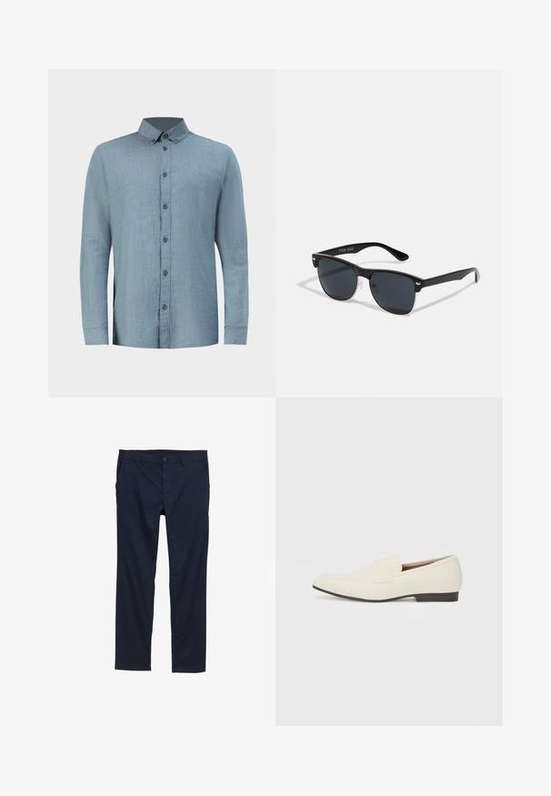 Világoskék kockás ing pamutból, gombos gallérral, egy mellzsebbel és hosszú, gombos mandzsettával.; Sötétkék, könnyű nadrág sima textúrával, egyenes szárú dizájnnal, gombos záródással és oldalsó zsebekkel.; Világos bézs loaferek hegyes orral, sima anyagból, a lábfejen lévő pánttal és alacsony barna talppal. Egyszerű dizájn, minimális díszítéssel.; Fekete napszemüveg, téglalap alakú, sötét lencsékkel, ezüst részletekkel a szárakon, és matt felülettel a kereten.