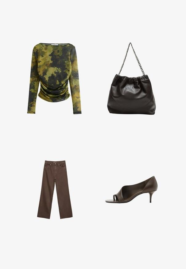 Dolge rokave majica iz lahkega, prosojnega materiala z zelenim in črnim vojaškim vzorcem. Ima krožno izrezano ovratnik in nabran detajl v pasu.; Široke rjave kavbojke iz denima, ki imajo visok pas, sprednje žepe in klasično zapiranje na gumb. Gladka tekstura s subtilnim šivom.; Rjavi usnjeni sandal na visoki peti z gladko teksturo in ožjim stiletto petam. Ima izrezljan dizajn in minimalistično obliko.; Rjava usnjena torba z nabranim vrhom in verižnim trakom. Gladka tekstura z sijajno površino in subtilnimi šivi na straneh.